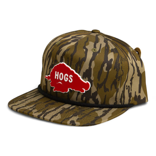 Arkansas Razorbacks Retro HOGS Red 3D Umpqua Rope Hat- Mossy Oak Bottomland/ Black