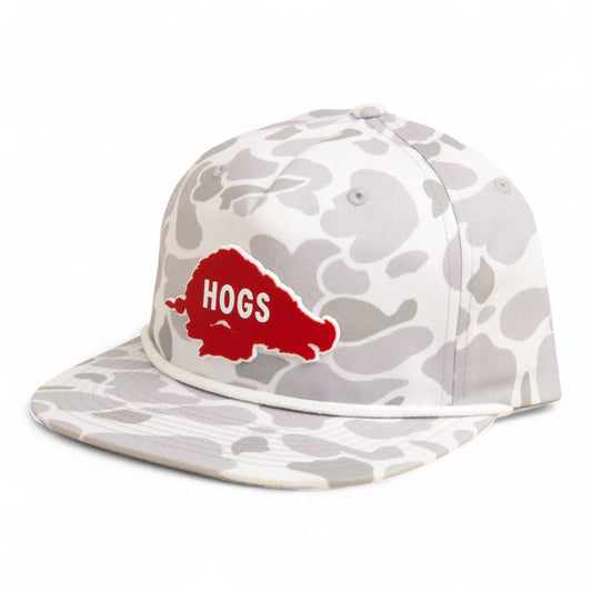 Arkansas Razorbacks Retro HOGS Red 3D Umpqua Rope Hat- Blizzard Duck Camo/ White
