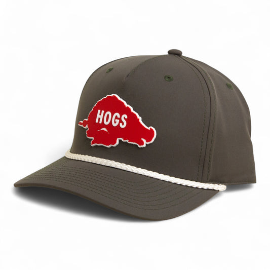 Arkansas Razorbacks Retro HOGS Red 3D Five Panel Classic Rope Hat- Dark Olive Green/ White