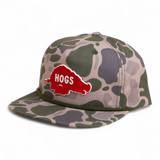 Arkansas Razorbacks Retro HOGS Red 3D Umpqua Rope Hat- Marsh Duck Camo/ Olive Green