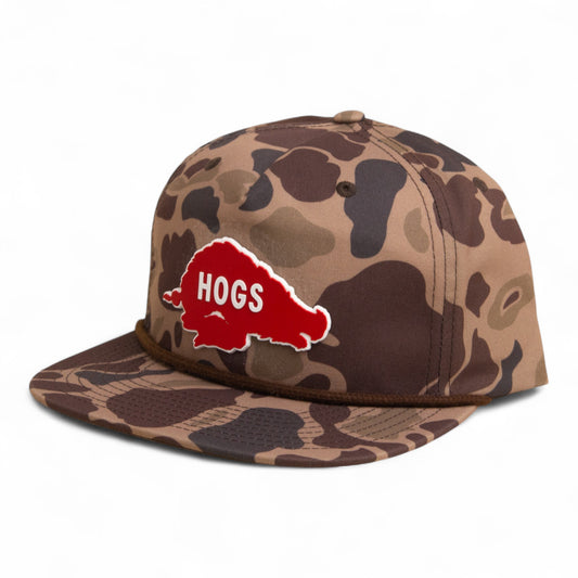 Arkansas Razorbacks Retro HOGS Red 3D Umpqua Rope Hat- Bark Duck Camo/ Brown