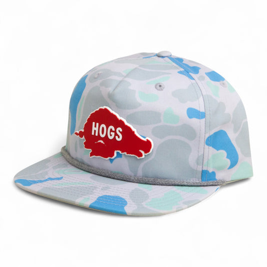 Arkansas Razorbacks Retro HOGS Red 3D Umpqua Rope Hat- Saltwater Duck Camo/ Charcoal