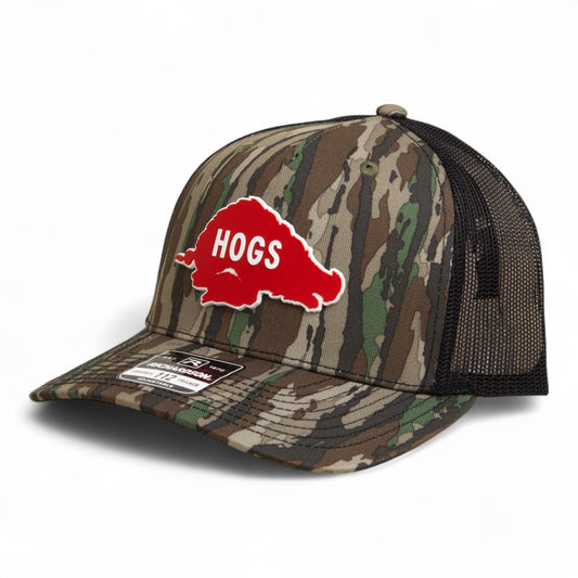 Arkansas Razorbacks Retro HOGS Red 3D Snapback Trucker Hat- Realtree Original/ Black