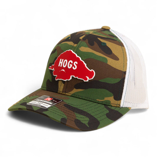 Arkansas Razorbacks Retro HOGS Red 3D Snapback Trucker Hat- Army Camo/ White