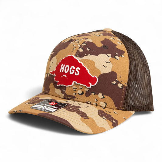Arkansas Razorbacks Retro HOGS Red 3D Snapback Trucker Hat- Desert Camo/ Brown