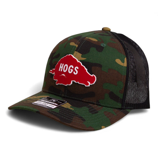 Arkansas Razorbacks Retro HOGS Red 3D Snapback Trucker Hat- Army Camo/ Black