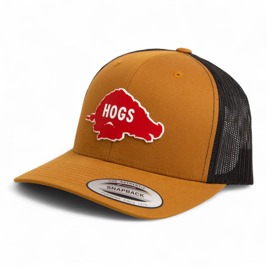 Arkansas Razorbacks Retro HOGS Red 3D YP Snapback Trucker Hat- Caramel/ Black