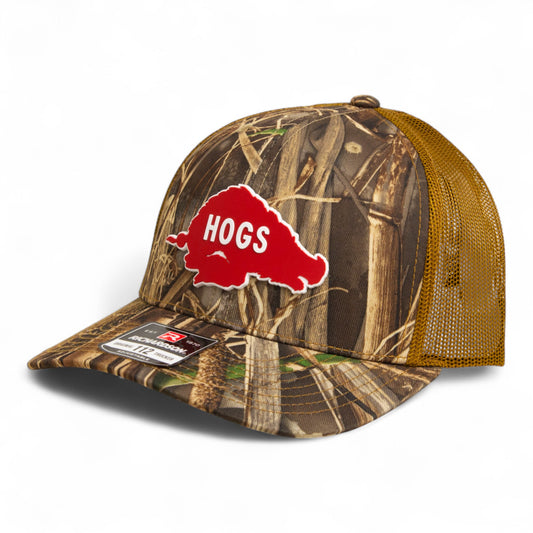 Arkansas Razorbacks Retro HOGS Red 3D Snapback Trucker Hat- Realtree Max 7/ Buck