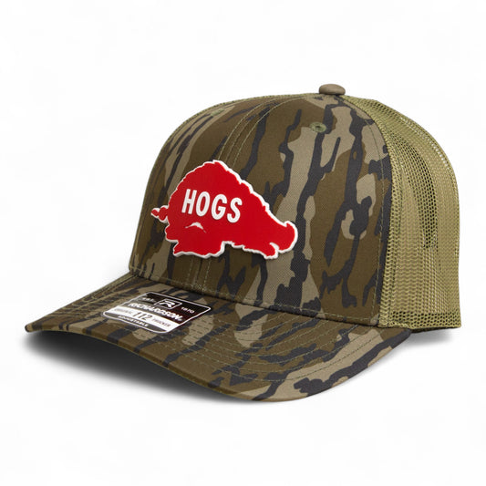 Arkansas Razorbacks Retro HOGS Red 3D Snapback Trucker Hat- Mossy Oak Bottomland/ Loden