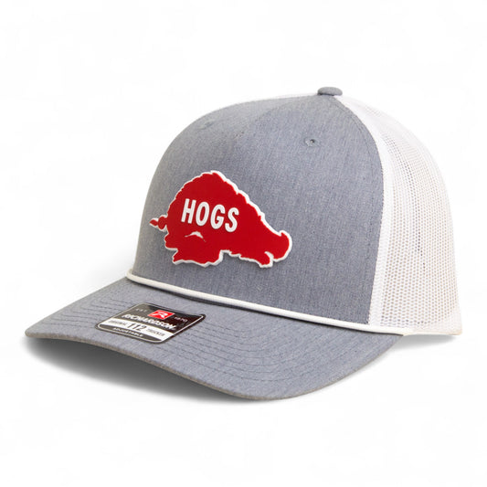 Arkansas Razorbacks Retro HOGS Red 3D Snapback Trucker Rope Hat- Heather Grey/ White