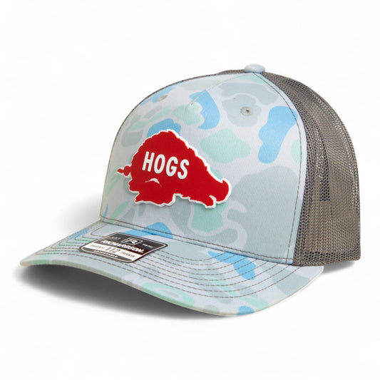 Arkansas Razorbacks Retro HOGS Red 3D Snapback Trucker Hat- Saltwater Duck Camo/ Charcoal