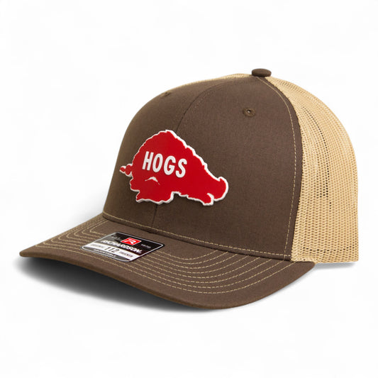 Arkansas Razorbacks Retro HOGS Red 3D Snapback Trucker Hat- Brown/ Tan
