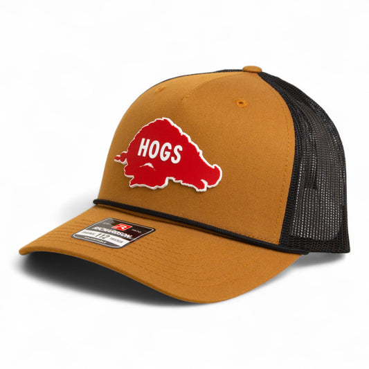 Arkansas Razorbacks Retro HOGS Red 3D Snapback Trucker Rope Hat- Caramel/ Black