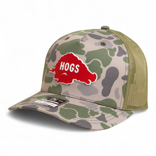 Arkansas Razorbacks Retro HOGS Red 3D Snapback Trucker Hat- Marsh Duck Camo/ Loden