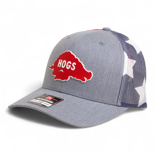 Arkansas Razorbacks Retro HOGS Red 3D Snapback Trucker Hat- Heather Grey/ Stars & Stripes
