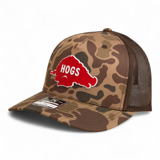 Arkansas Razorbacks Retro HOGS Red 3D Snapback Trucker Hat- Bark Duck Camo/ Brown