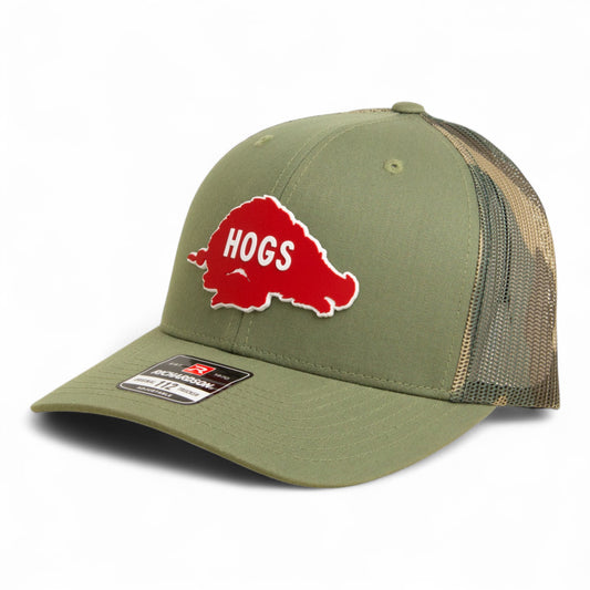 Arkansas Razorbacks Retro HOGS Red 3D Snapback Trucker Hat- Loden/ Green Camo