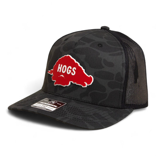 Arkansas Razorbacks Retro HOGS Red 3D Snapback Trucker Hat- Sable Duck Camo/ Black