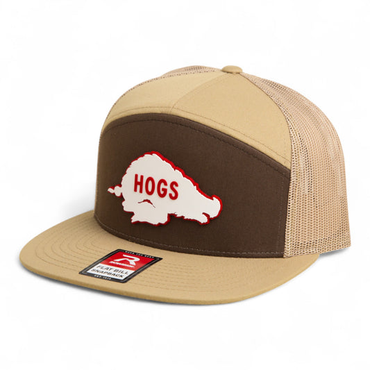 Arkansas Razorbacks Retro HOGS White 3D Snapback Seven-Panel Flat Bill Trucker Hat- Brown/ Tan