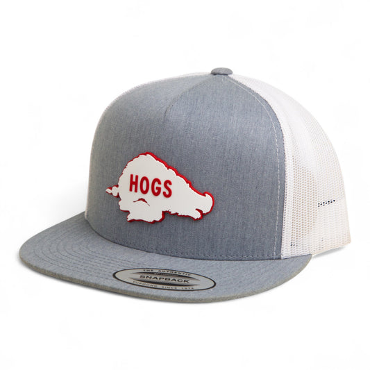 Arkansas Razorbacks Retro HOGS White 3D YP Snapback Flat Bill Trucker Hat- Heather Grey/ White