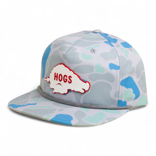 Arkansas Razorbacks Retro HOGS White 3D Umpqua Rope Hat- Saltwater Duck Camo/ Charcoal