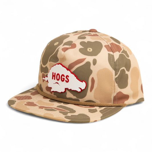 Arkansas Razorbacks Retro HOGS White 3D Umpqua Rope Hat- Harvest Duck Camo/ Light Brown