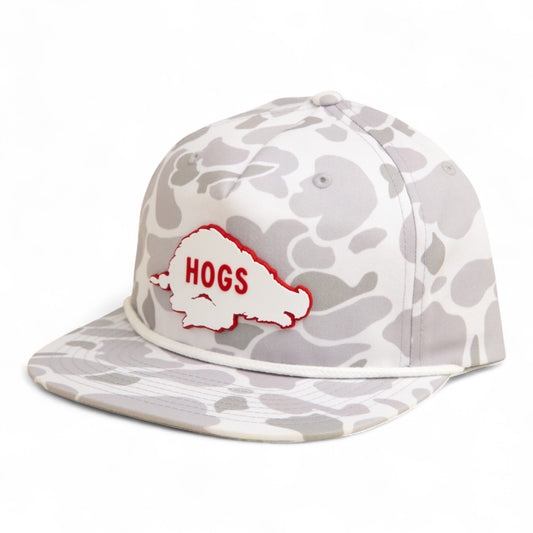 Arkansas Razorbacks Retro HOGS White 3D Umpqua Rope Hat- Blizzard Duck Camo/ White