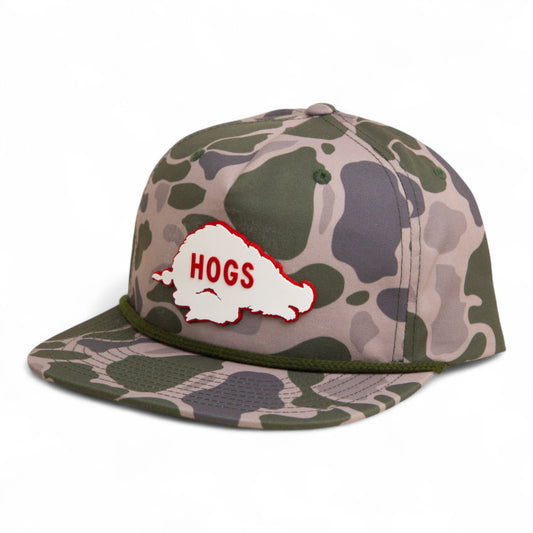 Arkansas Razorbacks Retro HOGS White 3D Umpqua Rope Hat- Marsh Duck Camo/ Olive Green