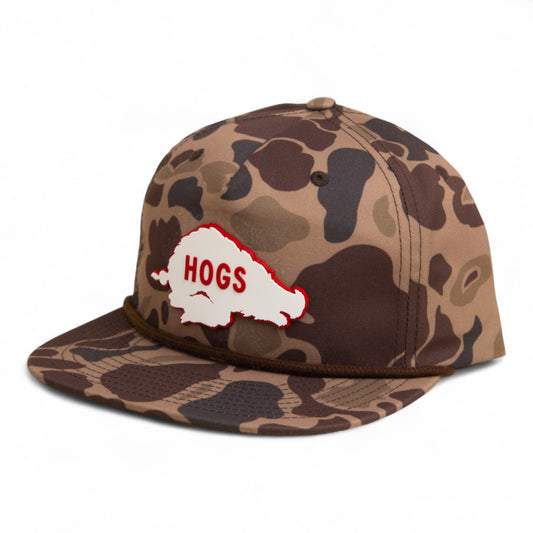 Arkansas Razorbacks Retro HOGS White 3D Umpqua Rope Hat- Bark Duck Camo/ Brown