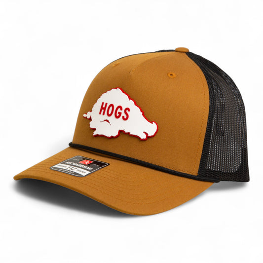 Arkansas Razorbacks Retro HOGS White 3D Snapback Trucker Rope Hat- Caramel/ Black