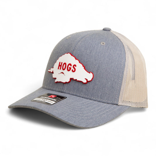 Arkansas Razorbacks Retro HOGS White 3D Snapback Trucker Hat- Heather Grey/ Light Grey