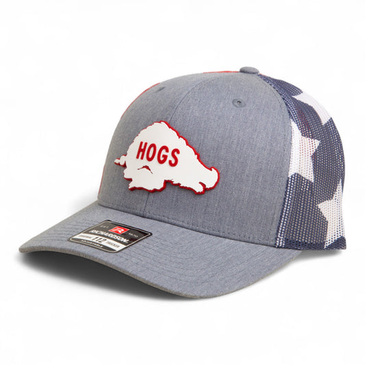 Arkansas Razorbacks Retro HOGS White 3D Snapback Trucker Hat- Heather Grey/ Stars & Stripes