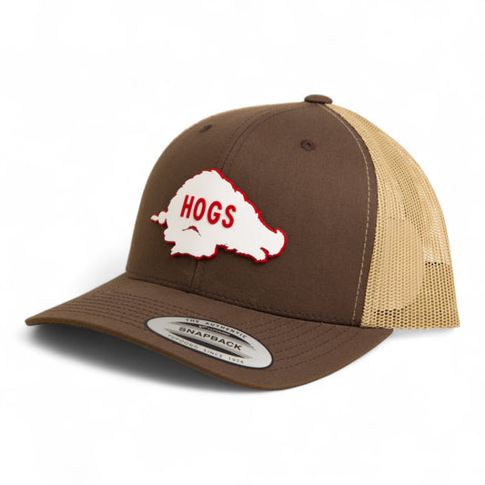 Arkansas Razorbacks Retro HOGS White 3D YP Snapback Trucker Hat- Brown/ Tan