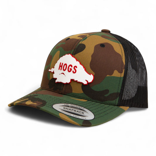 Arkansas Razorbacks Retro HOGS White 3D YP Snapback Trucker Hat- Army Camo/ Black