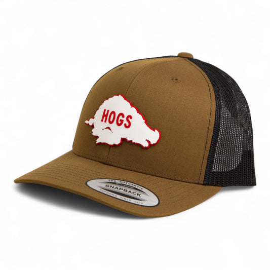 Arkansas Razorbacks Retro HOGS White 3D YP Snapback Trucker Hat- Coyote/ Black