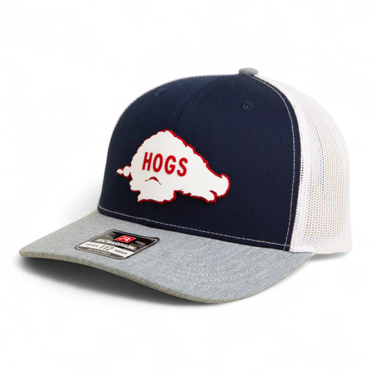 Arkansas Razorbacks Retro HOGS White 3D Snapback Trucker Hat- Navy/ White/ Heather Grey