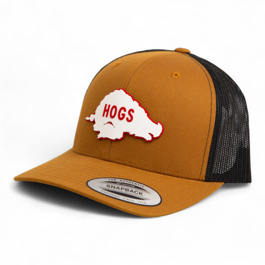 Arkansas Razorbacks Retro HOGS White 3D YP Snapback Trucker Hat- Caramel/ Black