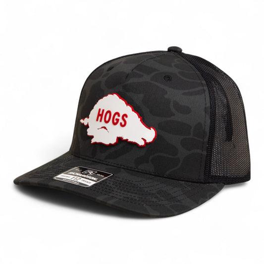 Arkansas Razorbacks Retro HOGS White 3D Snapback Trucker Hat- Sable Duck Camo/ Black