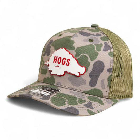 Arkansas Razorbacks Retro HOGS White 3D Snapback Trucker Hat- Marsh Duck Camo/ Loden