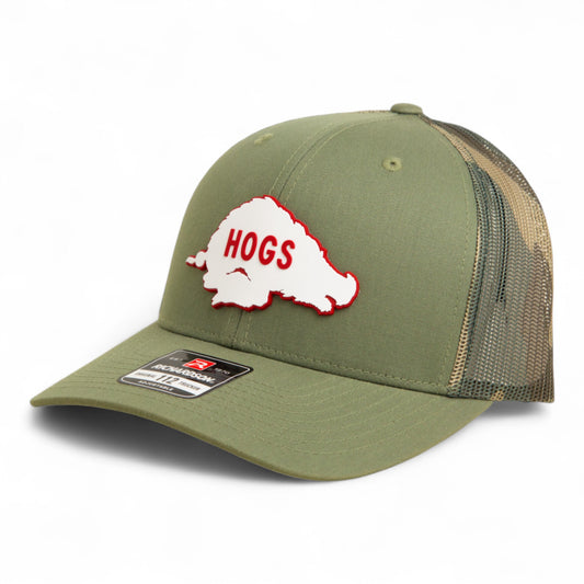 Arkansas Razorbacks Retro HOGS White 3D Snapback Trucker Hat- Loden/ Green Camo