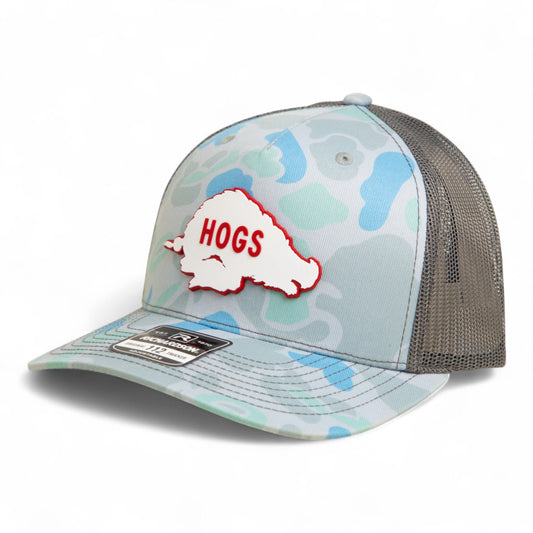 Arkansas Razorbacks Retro HOGS White 3D Snapback Trucker Hat- Saltwater Duck Camo/ Charcoal