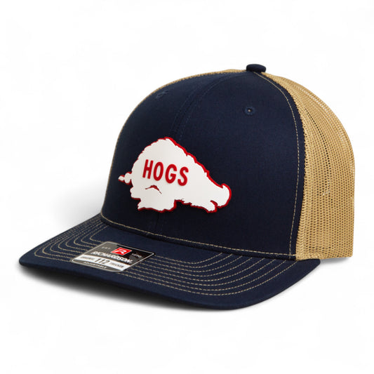 Arkansas Razorbacks Retro HOGS White 3D Snapback Trucker Hat- Navy/ Tan