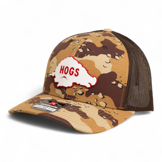 Arkansas Razorbacks Retro HOGS White 3D Snapback Trucker Hat- Desert Camo/ Brown