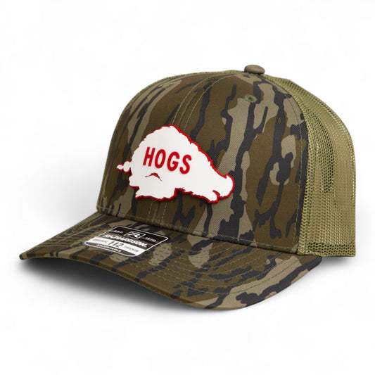 Arkansas Razorbacks Retro HOGS White 3D Snapback Trucker Hat- Mossy Oak Bottomland/ Loden