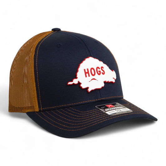 Arkansas Razorbacks Retro HOGS White 3D Snapback Trucker Hat- Navy/ Carmel