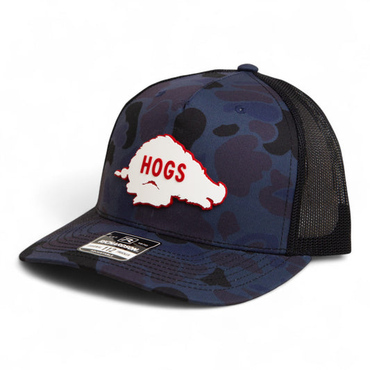 Arkansas Razorbacks Retro HOGS White 3D Snapback Trucker Hat- Admiral Duck Camo/ Black