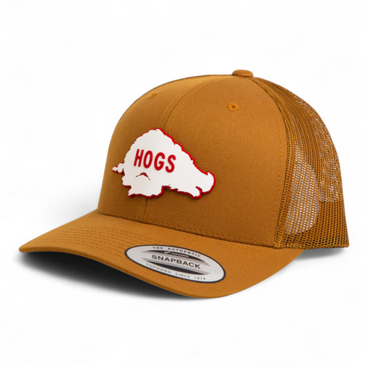 Arkansas Razorbacks Retro HOGS White 3D YP Snapback Trucker Hat- Caramel