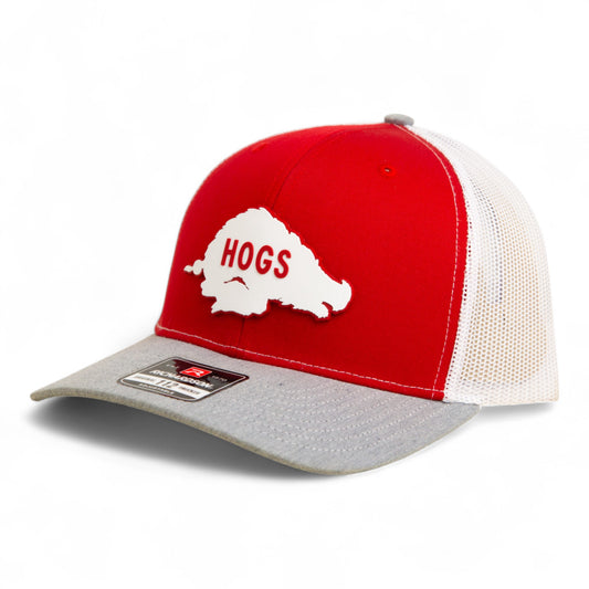 Arkansas Razorbacks Retro HOGS White 3D Snapback Trucker Hat- Red/ White/ Heather Grey