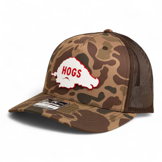 Arkansas Razorbacks Retro HOGS White 3D Snapback Trucker Hat- Bark Duck Camo/ Brown