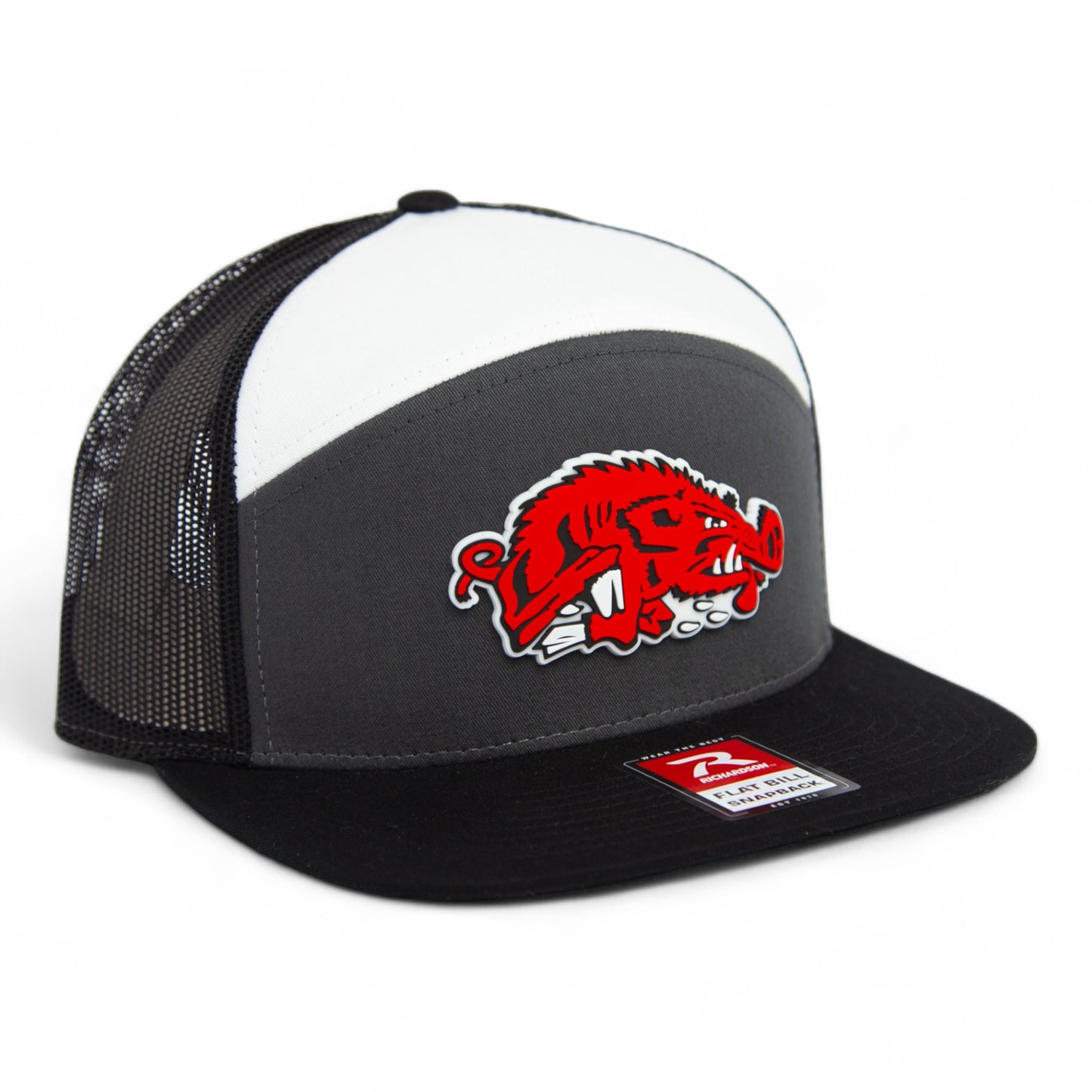 Arkansas Razorbacks Slobbering Hog 3D Snapback Seven-Panel Flat Bill Trucker Hat- Charcoal/ Black/ White